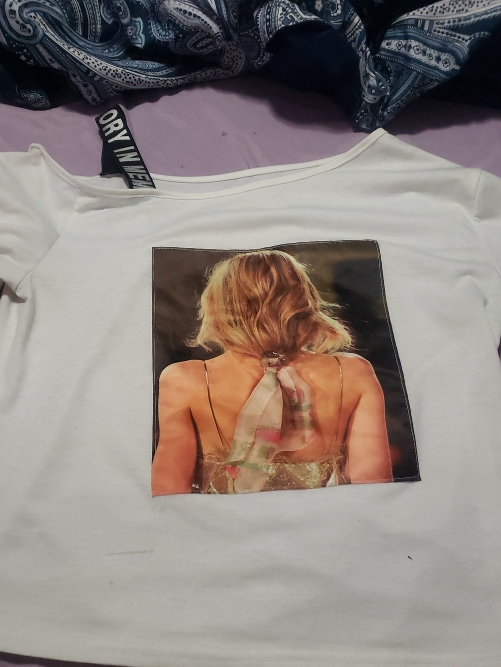 White Graphic Off-Shoulder Women’s Top with Back Print